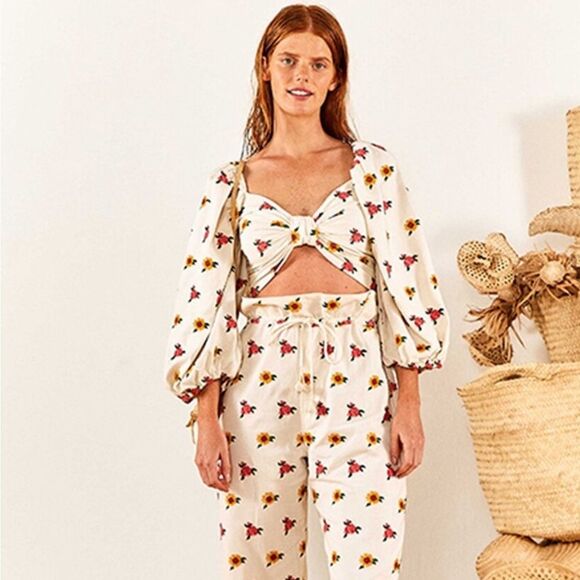 FARM Rio Cream Floral Crop Top with Yellow and Pink - Picture 2 of 3